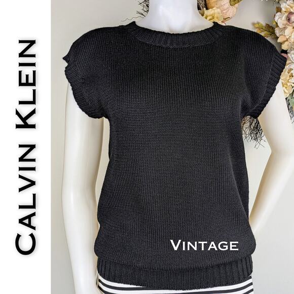 VTG Calvin Klein Wool Sweater Small Black Short Sleeve Chunky Knit Thick Retro - Picture 1 of 9